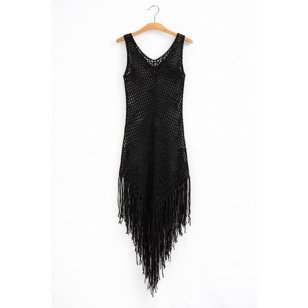 Black Crochet Midi Dress Fringe Boho Sheer Beach Cover Up one size